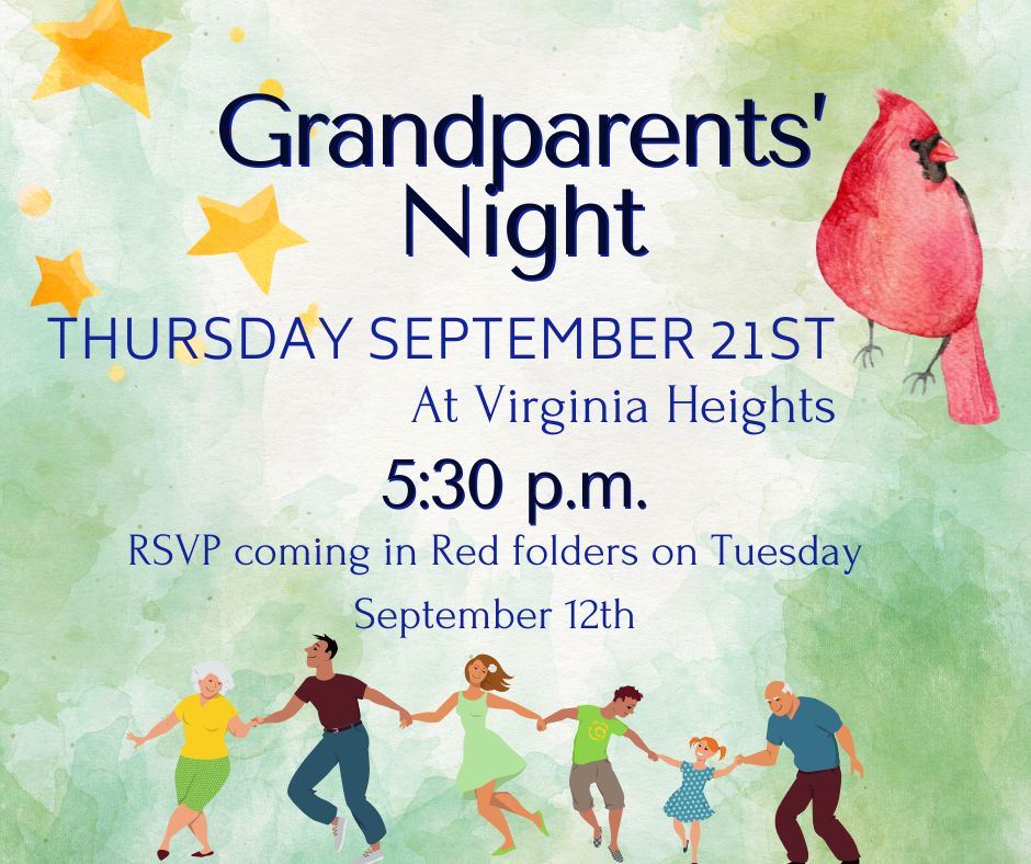  Green watercolor background with cardinal and family, text Grandparents' Night